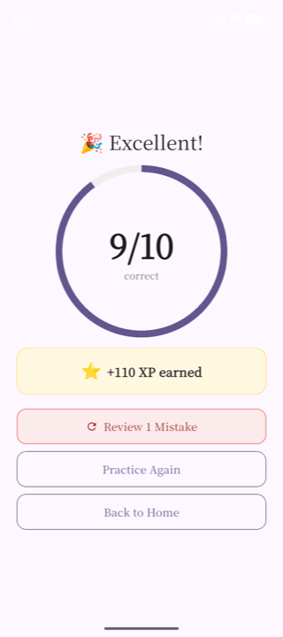 Drill result screen with circular score animation