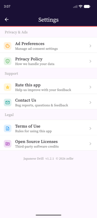 Settings screen with study preferences and theme options